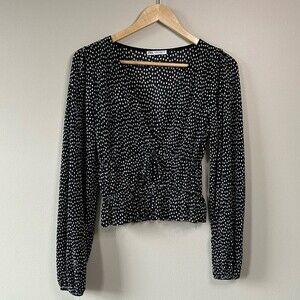 Zara Black White Polka Dot Cinched Waist Long Sleeve Blouse Size Small